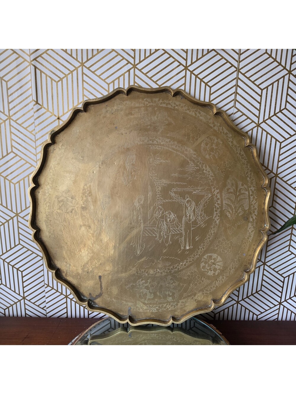 Vintage Very Large Round Scalloped Engraved Brass Asian Style Tray 21.5"